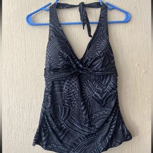 Kona Sol Tankini Top Swim Halter Neck Tie Molded Cup Abstract Gray Black Medium